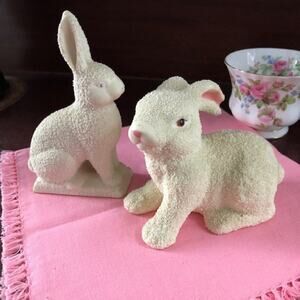 Vintage Flocked Bisque Bunny Rabbit Figurines